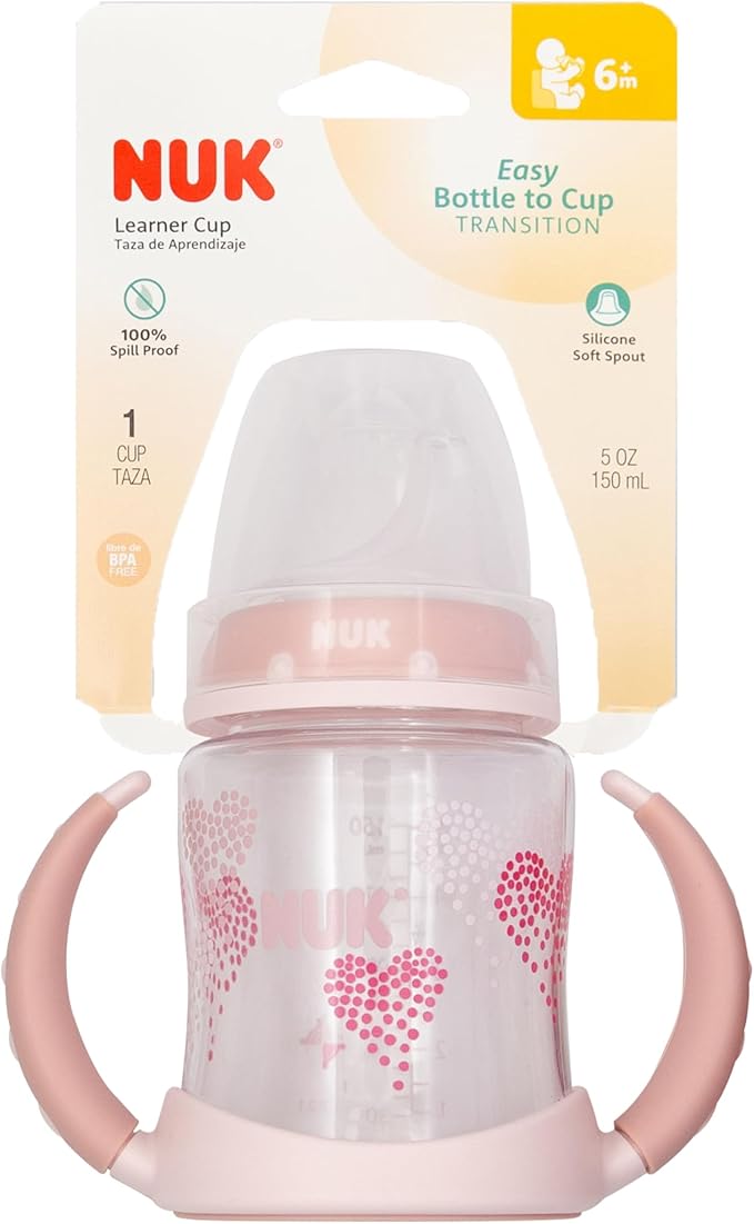 NUK Learner Cup, 5 Oz, Pack of 2, Pink Hearts, Soft Spout, Easy-Grip Handles, BPA Free, Spill Proof, Transition Sippy Cup