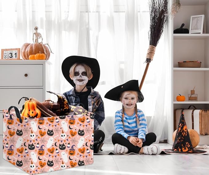 HIYAGON Rectangular Halloween Basket for Boys and Girls Kids Trick or Treat Pumpkin Basket for Halloween Parties Cute Storage Bin Organizer Box Room Decor(Pink Halloween)