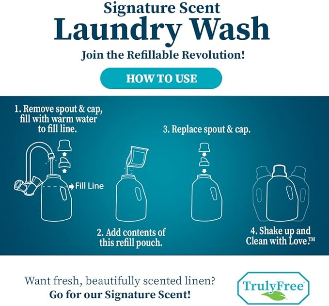 Natural Laundry Detergent for Sensitive Skin | Eco Friendly, Plant Based, Baby Clothes Safe | Clean & Easy Powder to Liquid, 3 Pack Detergent + 1 Refillable Jug | Signature Scent 150 Loads