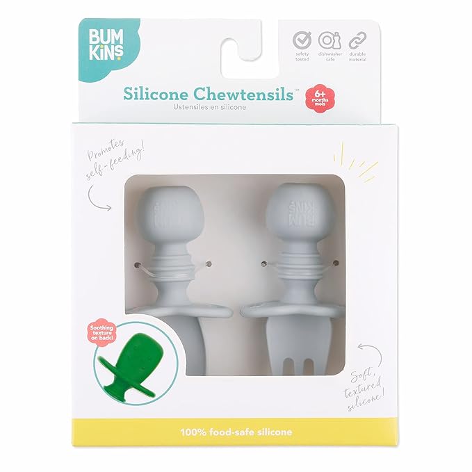 Bumkins Baby Utensils Set, Chewtensils Silicone Spoons for Dipping, Self-Feeding, Baby Led Weaning, Trainer Learning, First Stage Eating, Soft Practice Fork and Spoon, Babies 6 Months, Gray