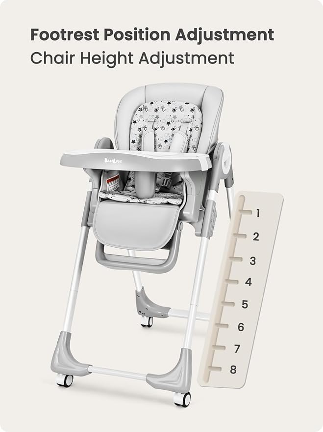 Foldable High Chair with Soft Cushion, High Chairs for Babies and Toddlers, Height Adjustable Feeding Chair, Adjustable Backrest and Footrest, Lockable Wheels, Star Gray