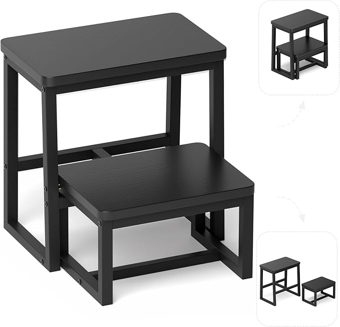 Step Stool for Adults,Holds up to 500Lb,3 in1 Heavy Duty Sturdy Two Step Stool for Kichen/Bathroom/High beds, Wooden&Metal Frame, Non-Slip Pads