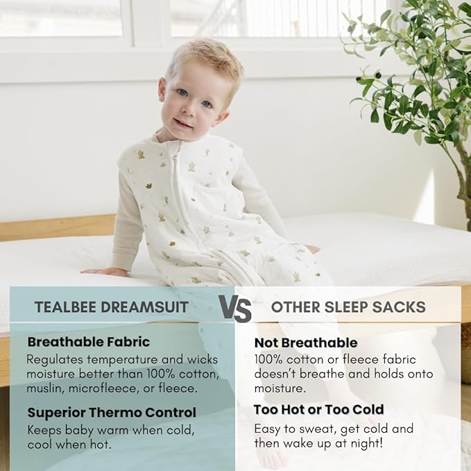 Tealbee DREAMSUIT: Toddler Sleep Sack with Feet 2T 3T - 0.8 TOG Lightweight Baby Wearable Blanket for Walkers - Rayon Made from Bamboo, Organic Cotton Sleeping Bag (2T-3T) - Cactus