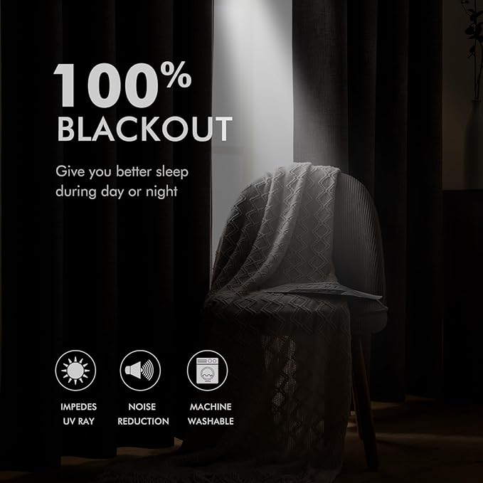MIULEE Linen Texture Curtains for Bedroom Solid 100% Blackout Thermal Insulated Halloween Black Curtains Grommet Room Darkening Drapes for Living Room Nursery 52x45 Inch (2 Panels)