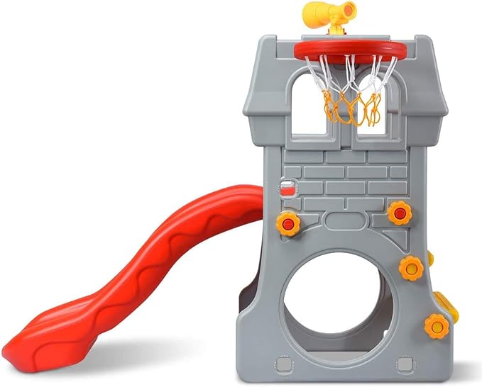 GLACER Toddler Slide, 5 in 1 Kids Climber Slide Playset w/Basketball Hoop, Telescope, Crawl Through Space, Easy Climb Stairs, Freestanding Slide Toddler Playground for Indoor and Outdoor