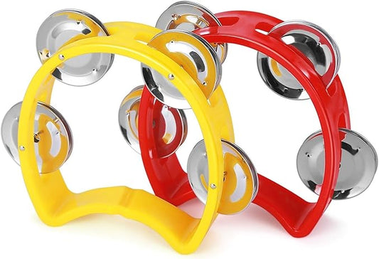 Flexzion Tambourine Hand Bell Percussion Musical Instruments Set of 2 Pack (Red /Yellow), Plastic Music Instrument Half Moon Mini D Handheld Shaker with 4 Pairs Jingle Bells