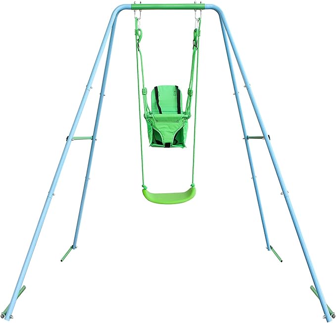 2-in-1 Toddler Swing Set with Metal Stand, Safety Belt & 4 Anchors - A-Frame Swing for Kids 6 Months+ (Blue, Indoor/Outdoor Backyard Playground)