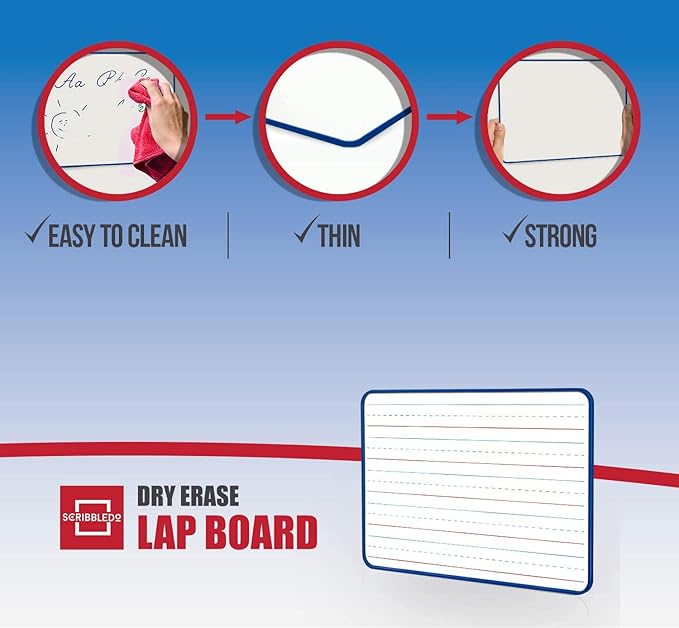 SCRIBBLEDO Magnetic Dry Erase Board, Double Sided 9" x 12" Small White Board, Ruled - Blank Blue Framed Mini Dry Erase Board, Portable Whiteboard for Kids, Great for School, Home & Remote Learning
