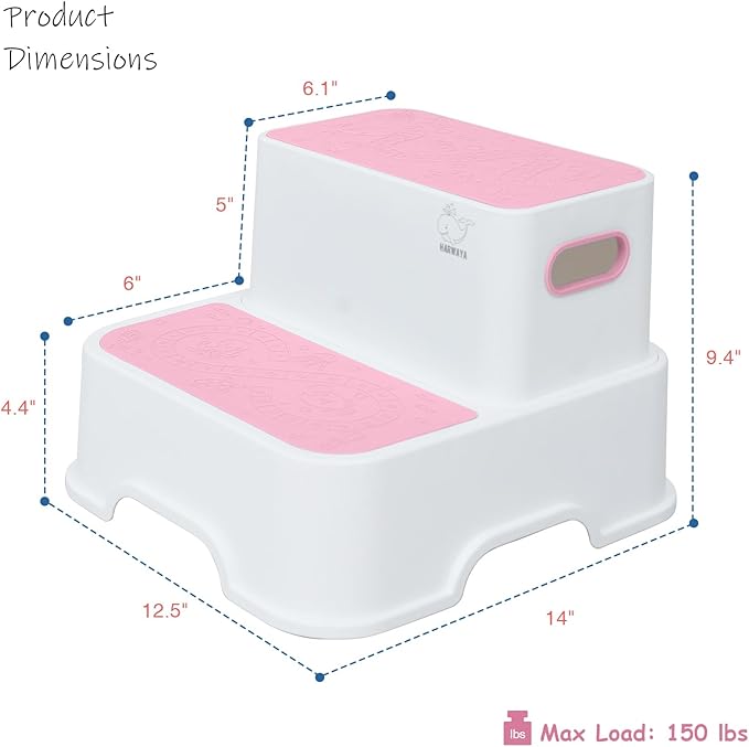 Two Step Stools for Toddlers Girls, Small Kids Step Stool for Bathroom Sink, No Slip Toddler Step Stool for Little Grils Room Princess Bedroom Closet Potty Training (2 Pack, White-Pink)