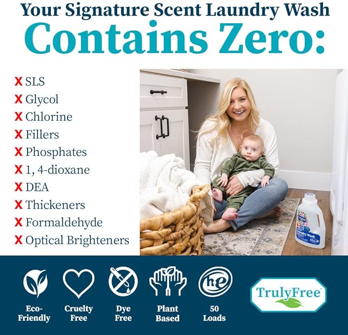 Natural Laundry Detergent for Sensitive Skin | Eco Friendly, Plant Based, Baby Clothes Safe | Clean & Easy Powder to Liquid, 3 Pack Detergent + 1 Refillable Jug | Signature Scent 150 Loads