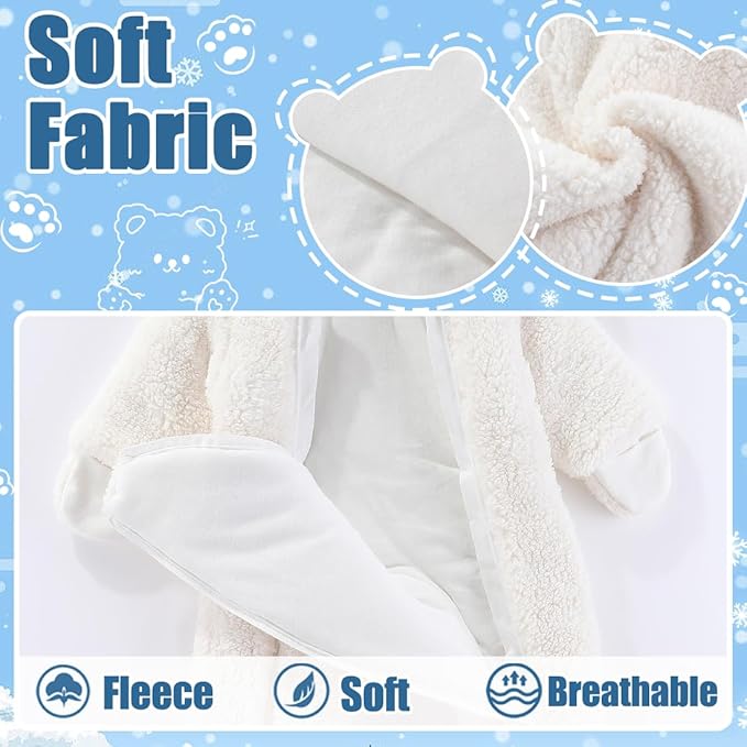 Fairy Baby Newborn Baby Winter Snowsuit Bear Thick Romper Footie Double Zip Hooded Jumpsuit Fleece Coat Infant Boy Girl 0-12M