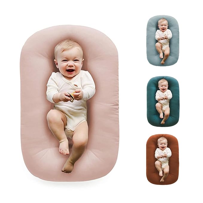 Baby Lounger Play Mat,Baby Lounger for Newborn Tummy Time for Baby in Bed,0° Angle Newborn Lounger Baby Nest for Boys & Girls 0-12 Months(Pink)