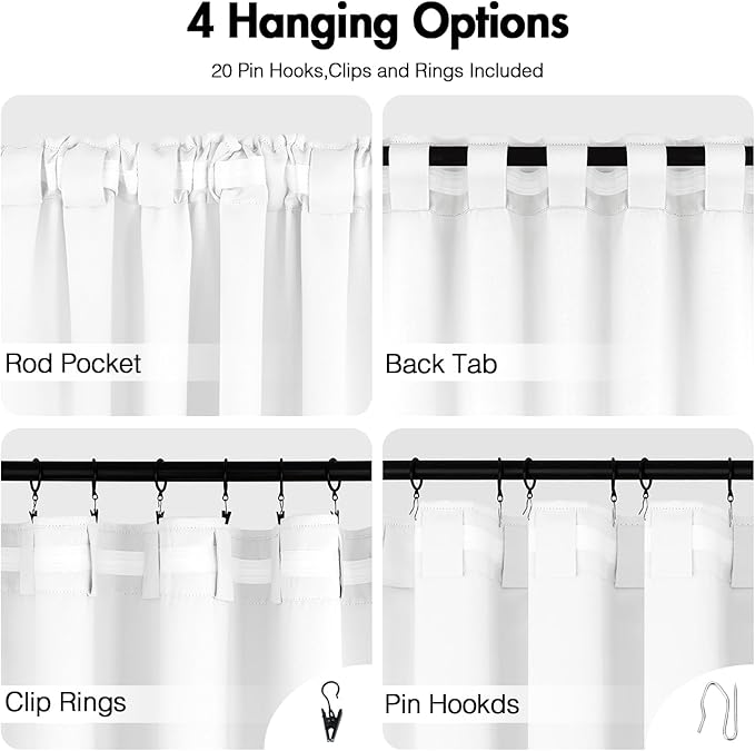 ANRODUO Back Tab Blackout Curtains for Bedroom Living Room, Rod Pocket Pinch Pleated Thermal Insulated Room Darkening Curtains 90 Inches Long 2 Panels, White, 42 x 90 Inch