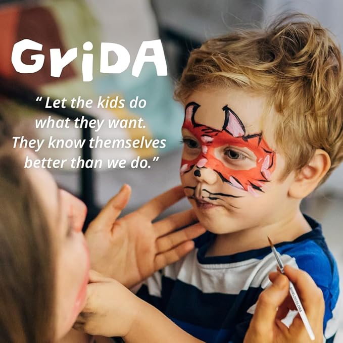 Grida Face Painting Kit for Kids - Grida Professional Party Kit Night Pack with 12 Skin-Safe, Vegan, Cruelty-Free, 2 Art Brushes, 1 Palette - Easy-Remove Face Paint & Glow in Dark Effect