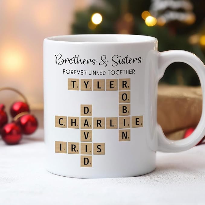 Family Forever Linked Together Custom Names Ceramic Mug, Crossword Puzzle Art, for Birthday, Anniversary or Special Occasions (Brothers & Sisters Forever Linked Together White Mug Ver 2)