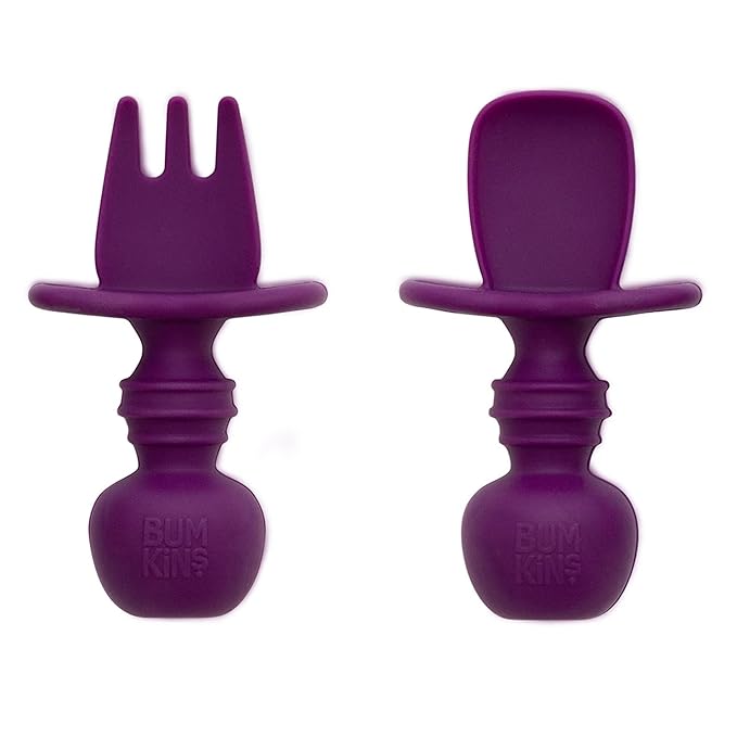 Bumkins Baby Utensils Set, Chewtensils Silicone Spoons for Dipping, Self-Feeding, Baby Led Weaning, Trainer Learning, First Stage Eating, Soft Practice Fork and Spoon, Babies 6 Months, Purple