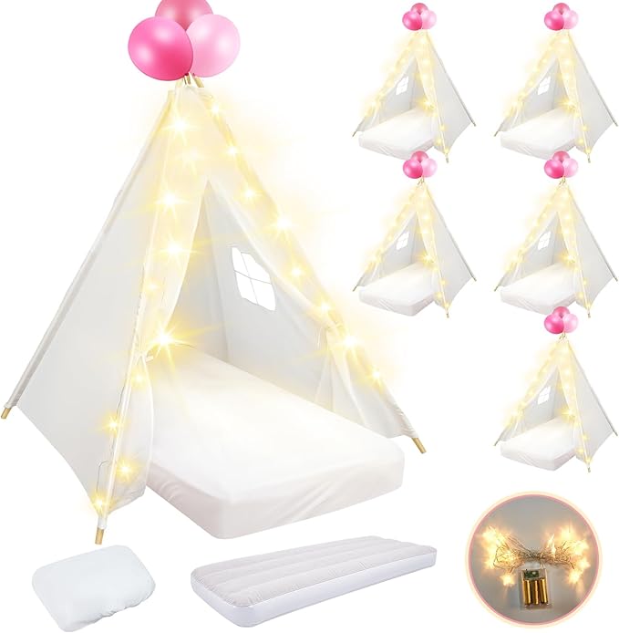 6 Pack Sleepovers Teepee Tent for Kids Bulk with Mattress Sheet Light,Natural Cotton Washable Indoor Play Tent for Birthday Slumber Party Girls Boys Pajama Movie Night Supplies(White)