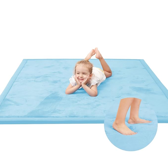 Baby Play Mat for Floor,1.3" Thick Memory foam Tummy Time Mat,Water Repellent Soft Velvet Nursery Rug,Extra Large Non Slip for Crawling,Toddlers,Infants,kids,Tatami Style for Living Room(Light Blue)