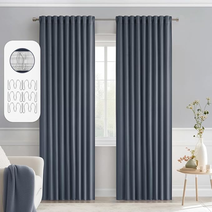 MIULEE Stone Blue Back Tab Blackout Curtains 90 Inches Long 2 Panels Set for Living Room Bedroom Privacy, Rod Pocket/Pinch Pleat Thermal Insulated Room Darkening Pleated Light Blocking Drapes