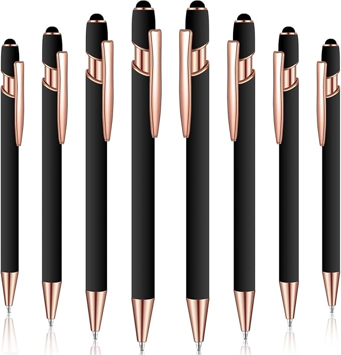 8 Pieces Ballpoint Pen with Stylus Tip Black Ink 2 in 1 Stylus Metal 1.0 mm Medium Point Smooth Pen Rainbow Colorful Rubberized Ballpoint for Touch Screen Tablet(Rose Gold, Black)