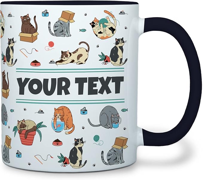 Personalized Mug for Kids - Cats - Custom Name/Text, Ceramic Hot Chocolate/Cocoa/Coffee Cup for Boys/Girls, Birthday/Christmas/Holiday Gift - 11 oz, Black Handle
