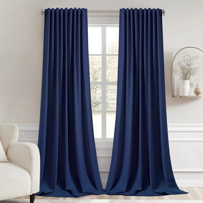 MIULEE Navy Blue Back Tab Blackout Curtain 96 Inch Long 2 Panels Set for Bedroom, Rod Pocket/Pinch Pleat Thermal Insulated Living Room Darkening Pleated Light Blocking Floor to Ceiling Drape