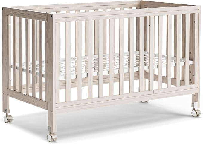 EvoNest Baby Crib, 11 in 1 Convertible Mini Crib with Wheels, 100% New Zealand Wood Growing Bed, 4 Adjustable Mattress Height,Washed Natural