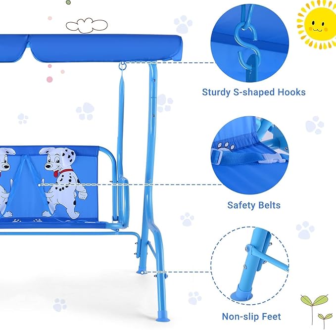 GLACER Porch Swing, Kids Patio Hammock w/Adjustable Canopy & Stand, Safety Belt, 2 Seats Outdoor Swing Bench, Metal Frame Hanging Lounge Chair, Swing Sets for Backyard, Garden, Poolside (Blue Puppy)