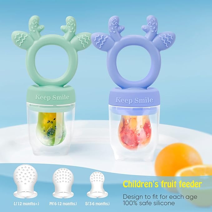 Baby Solids/Frozen Fruit Feeder Pacifier, Infant Teether Toy 4M+, BPA-Free Silicone Pouch & Nipple, Safely Introduce Solids, Teething Relief, 2-Pack (Deer - Green Purple, S/M/L)