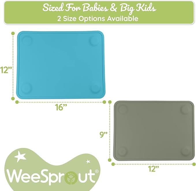 WeeSprout Silicone Suction Placemats for Babies, Toddlers & Kids, Durable Food Grade Silicone with Non-Slip Suction, Raised Edges Contain Mess, Dishwasher Safe, for Dining Table & Restaurants, 2 Pack