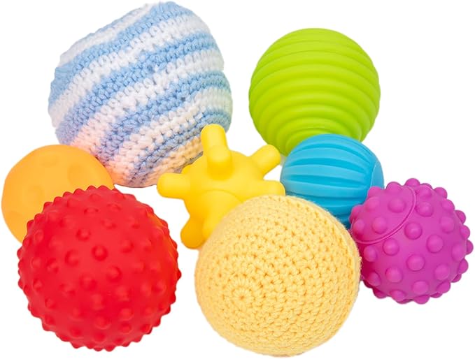 Adena Montessori 8 Pack Sensory Balls for Toddlers 1-3,Sensory Baby Toys 6-12 Months,Infant Educational Squeeze Sensory Toy Soft Multi Ball Set Gifts with Bright Color Textured with White Woven Basket