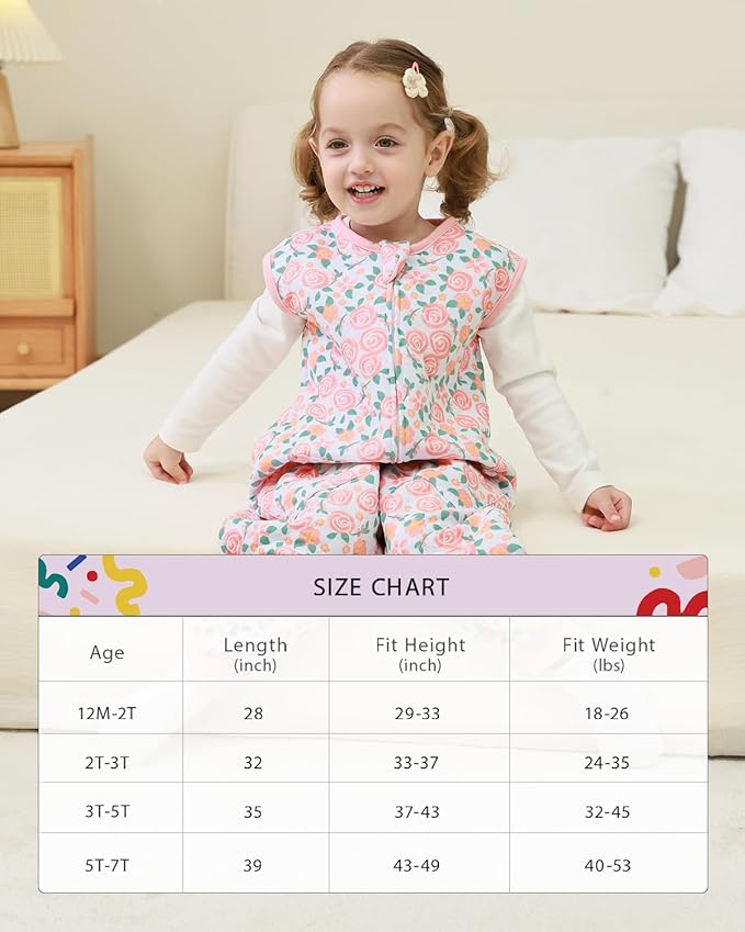 HOMEAL 1.0Tog Sleep Sack with Feet, Toddler Sleep Sacks 3T-5T, Pink Rose