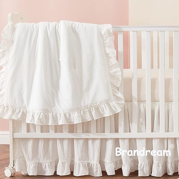 Brandream Farmhouse Crib Bedding Sets for Girls and Boys | 3 Piece Nursery Set White| Baby Comforter, Fitted Crib Sheet, Crib Skirt Included，100% Washed Cotton