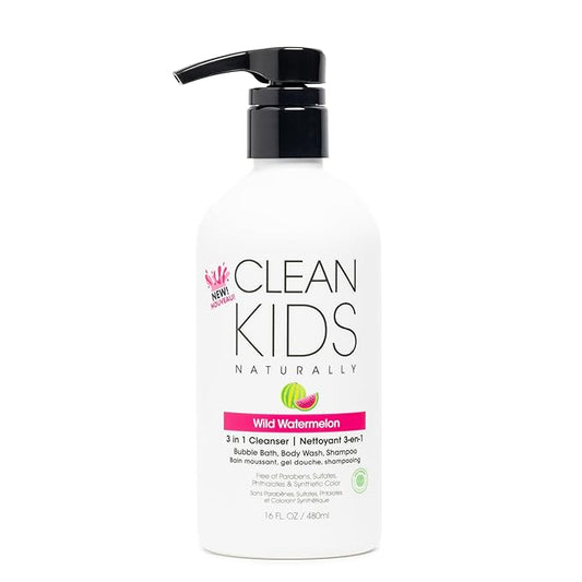 Gabriel Cosmetics Clean Kids Naturally Wild Watermelon 3-in-1 Shampoo, Cleanser & Bubble Bath (16 Fl Oz (1 Bottle), Watermelon 3-in-1)