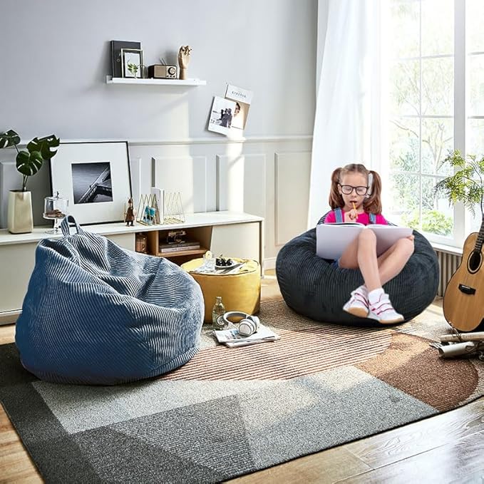 Classic Bean Bag Chair, with Faux Rabbit Fur Cover for Teens and Kids, Memory Foam Bean Bag Chairs, Ultra Soft Faux Fur Fabric, 2.5 feet Round Fluffy Bean Bag Sofa