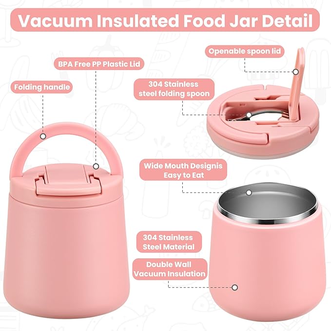 20oz Insulated Vacuum Food Jar with Buckle Lid,Soup Thermo for Hot Food Kids,Wide Mouth Leakproof Stainless Steel Lunch Container with Spoon-Pink