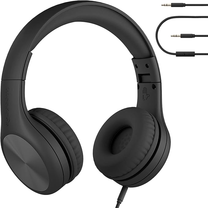 LilGadgets Connect+ Pro Wired Kids Headphones for School w/Microphone, Volume Limiting & Noise Reduction Over-Ear Headset w/Cord, SharePort Technology & SoftTouch Padding, Black Headphones for Kids