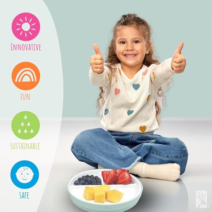 Elk and Friends Kids 6.7” Porcelain Divided Plates with Silicone Suction Sleeves | Suitable for Babies/Kids/Toddlers | Microwave & Dishwasher Safe | Non Slip | Snack Dishes | 4 Pack