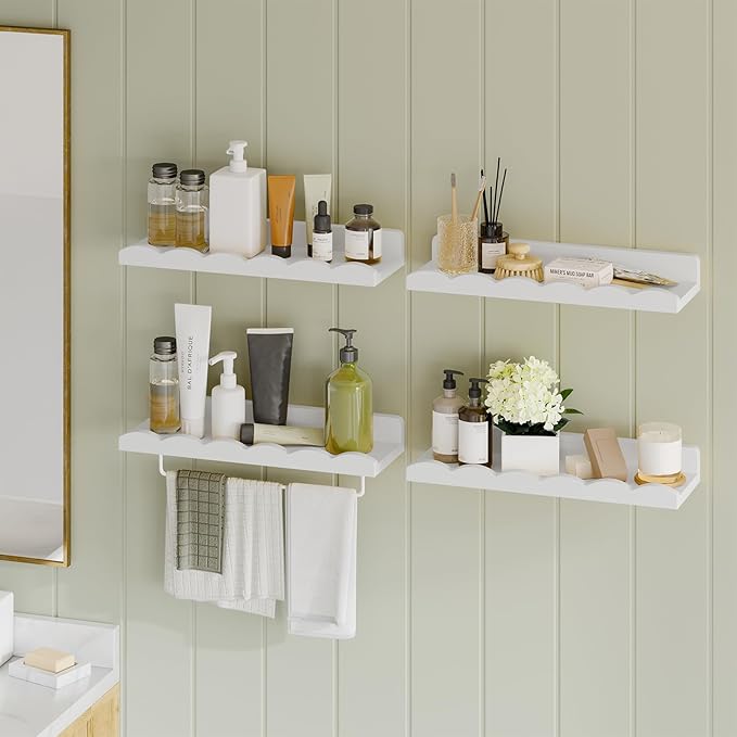 Fixwal Nursery Shelves, 16.5 Inch Floating Bookshelves for Wall Set of 4, Scalloped Wall Book Shelves with Towel Rack for Kids, Toddler Room, Baby Room, Nursery Decor and Storage(White)