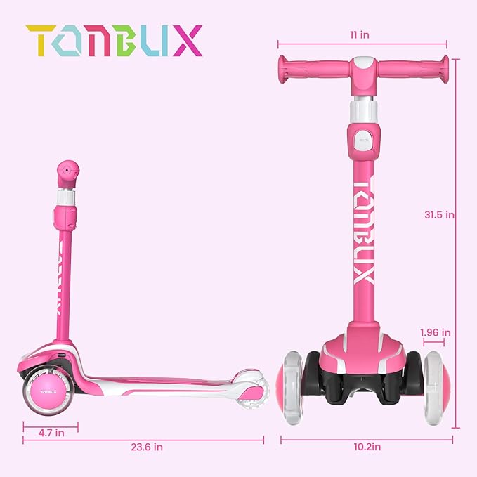 TONBUX Kids Scooter for Age 3-12, Toddler Scooter with 4 Adjustable Heights, Light Up 3-Wheels Scooter, Shock Absorption Design, Lean to Steer, Balance Training Scooter for Kids