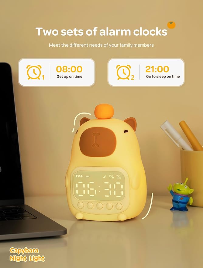 MASHI Capybara Alarm Clock with Night Light, ok to Wake Clock for Kids, Cute Capybara Night Light, Snooze, Toddler Sleep Training Clock,Gift for Kids Girls Boys Teens Birthday Room Decor