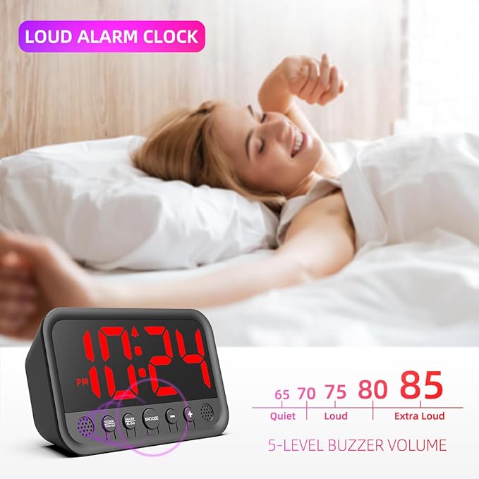 Small LED Digital Clock for Bedroom, Loud Alarm Clock for Heavy Sleepers Adults, Teens | Plug-In Electric Desk Clock | Simple Bedside Nightstand Clock with Adjustable Volume/Brightness/Snooze – Red