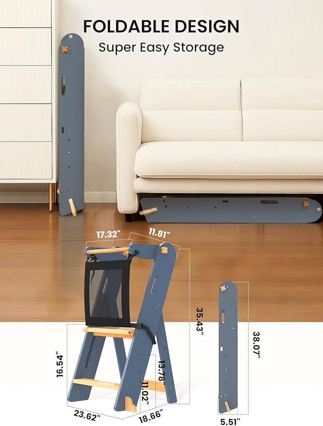 GROWNSY Foldable Step Stool Toddler Tower, Toddler Kitchen Stool Helper, Collapsible Kids Standing Learning Tower with 3 Adjustable Heights and Safety Net for Kitchen Bathroom Sink Counter (Blue Gray)