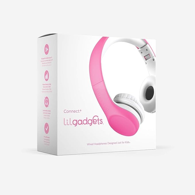 LilGadgets Connect+ Girls Headphones for School Wired with Microphone, Volume Limiting for Safe Listening, Adjustable Headband, Cushioned Earpads for Comfort, Kids Headphones for School, Pink