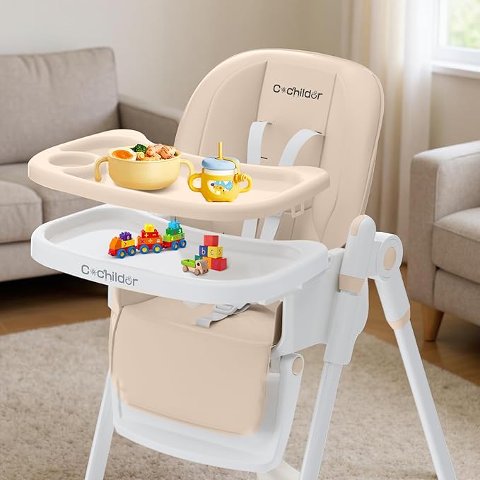 3-in-1 Foldable High Chair for Babies & Toddlers – Adjustable Height, Reclining Seat, 5-Point Safety Harness, Removable Tray, Lockable Wheels and Washable Cushion, Beige