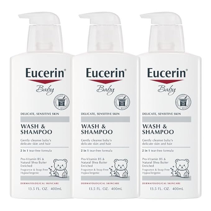 Eucerin Baby Unscented Baby Shampoo and Body Wash, Tear Free Shampoo and Wash, 13.5 Fl Oz Pump Bottle, Pack of 3