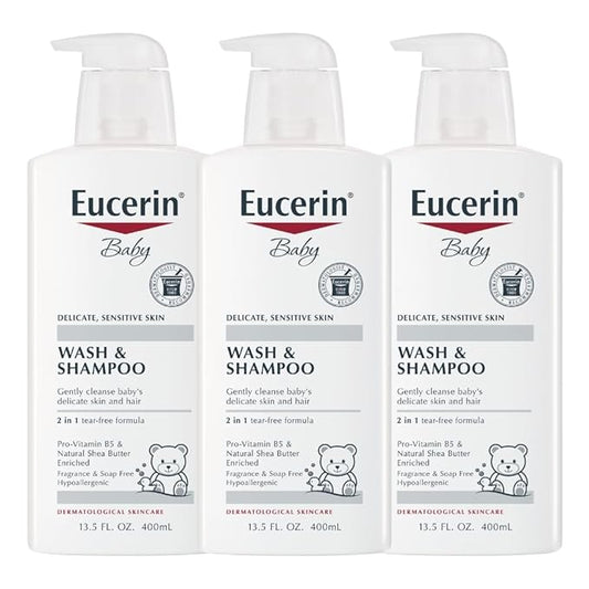 Eucerin Baby Unscented Baby Shampoo and Body Wash, Tear Free Shampoo and Wash, 13.5 Fl Oz Pump Bottle, Pack of 3