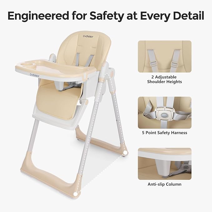 3-in-1 Foldable High Chair for Babies & Toddlers – Adjustable Height, Reclining Seat, 5-Point Safety Harness, Removable Tray, Lockable Wheels and Washable Cushion, Beige