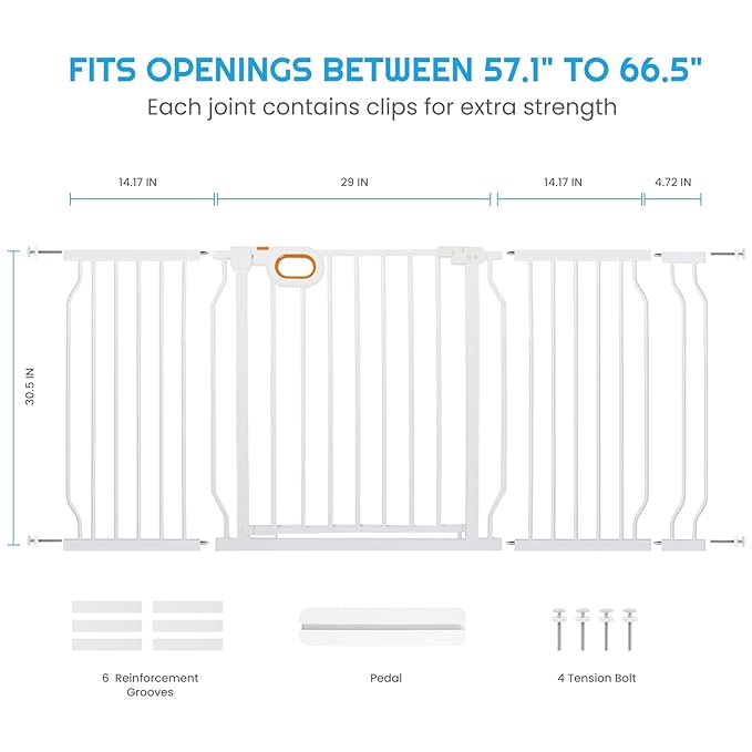 Stair Baby Gate 57-66 Inch, Extra Wide Safety Gate for Baby Pet Adjustable Dog Gates Indoor Extra Wide Gates Pressure Mounted for Toddler Pet for House Stairway Doorway White (30.5'' Tall)
