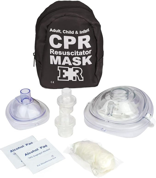 Ever Ready First Aid Adult and Infant CPR Mask Combo Kit with 2 Valves with Pair of Vinyl Gloves & 2 Alcohol Prep Pads - Tactical Black